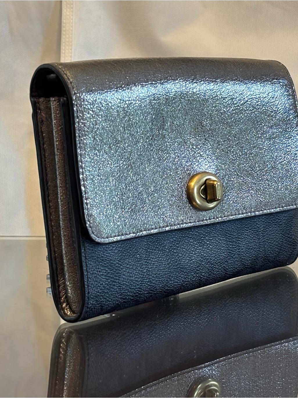 Coach Metallic Silver  Black TurnLock Wallet Crossbody